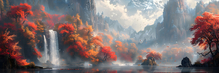 Illustration Fantastic Landscape,
Fire shape trees flowers in the middle of Mountains