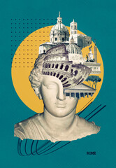 Rome famous landmarks collage. The modern art design from best views of Rome, Italy, Europe.