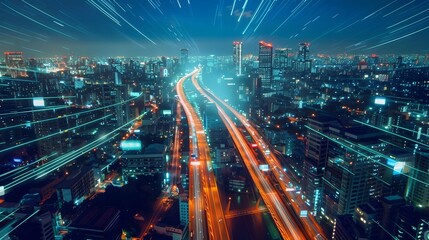 Nighttime City Traffic with Futuristic Flair, To evoke a feeling of modernity, innovation, and the connection brought by technology in urban settings - obrazy, fototapety, plakaty