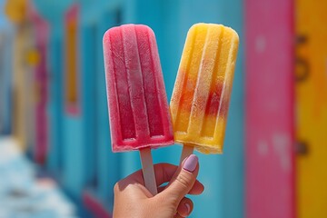 A hand holding two popsicles against a blue background