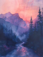 vertical sunset landscape watercolor style painting, artwork for Wall art and decoration