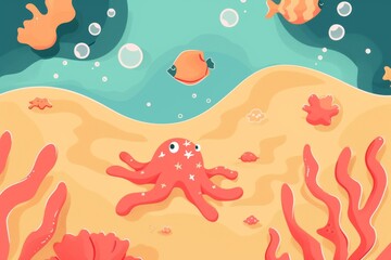 Fototapeta na wymiar Underwater Scene With Octopus and Fish