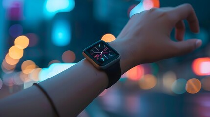 Night Cityscape Adorning Apple Watch, To convey a sense of modernity, technology, and urban lifestyle, appealing to tech enthusiasts, watch lovers,