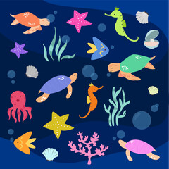 Naklejka premium sea fishes tropical fishes octopus Tuttle illustration vector