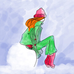 fashionable girl in a green suit, a red knitted hat and red boots is sitting on a large round snow globe
