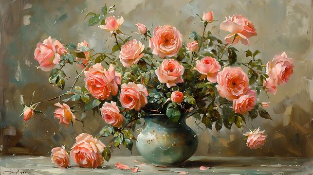 Pink roses  bouquet in  A vase oil painting, in classic vintage style, artwork for wall art, home decor and background 