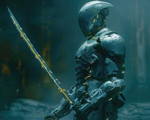 A futuristic depiction of a guardian wielding a sword with dual blades --ar 5:4