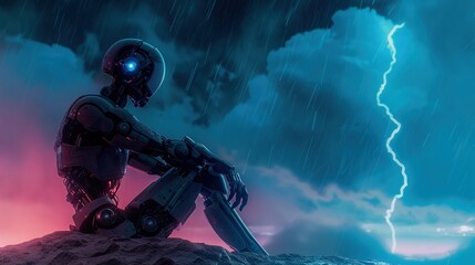 A sentient android contemplating the mysteries of the universe amidst the chaos of a thunderstorm --ar 16:9