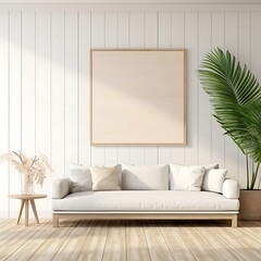 Mockup frame close up in coastal interior background, room in light pastel colors. AI generated