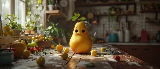 Cute happy pear character. Created with generative AI.	