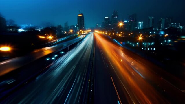 The city lights blur together in a sea of glowing streaks as cars hustle along the highway in a long exposure shot.