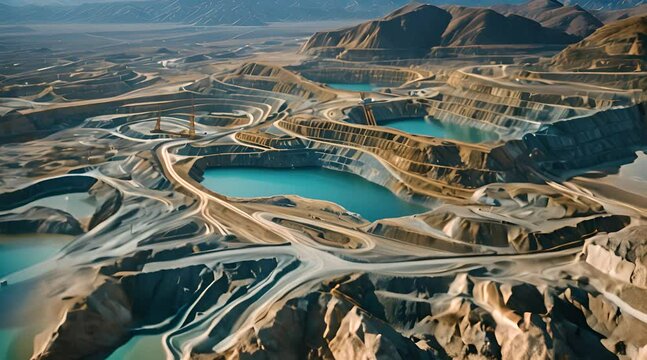 The intricate patterns of a lithium mine are captured from an aerial perspective, highlighting the industrial scale of renewable energy resource extraction.