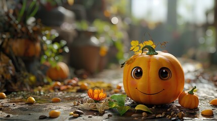 Cute character of a happy smiling pumpkin. Created with Generative AI.