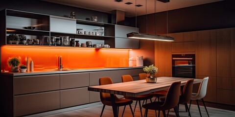 Nighttime interior design of minimalist kitchen with orange lighting and wooden cabinets near dining area.