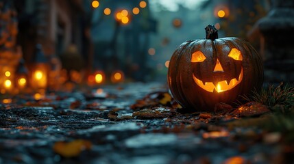 Path with Halloween pumpkins and lit candles. Created with Generative AI.