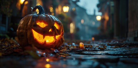 Path with Halloween pumpkins and lit candles. Created with Generative AI.