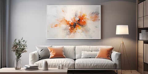 Orange abstract painting hangs on grey wall in chic living room with white furniture and grey sofa.