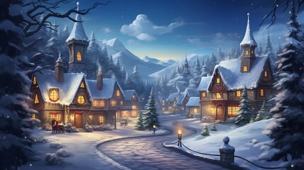Craft a festive digital AI illustration capturing the charm and warmth of a Christmas village.  - obrazy, fototapety, plakaty