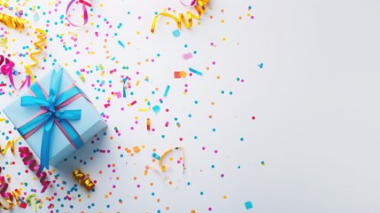 Celebration anniversary and party concepts ideas with colorful gift box present and confetti element on white color background.Top view design template and copy space .