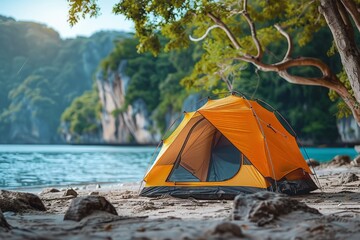 Travel and camping adventure lifestyle with outdoor tent, summer activity, family vacation