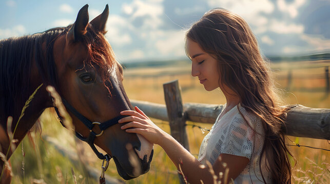 Portrait of young female broodmare petting a  new horse, generative Ai