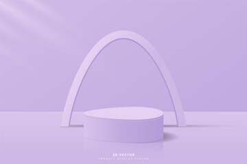 Purple 3D egg cylinder podium pedestal realistic with egg geometric shape backdrop. Minimal scene for mockup product. stage for showcase. Promotion time. Happy easter day.