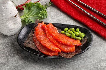 Sliced salmon sashimi in the plate
