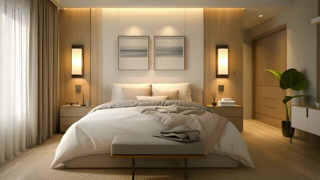 A stylish bedroom with strategically p LED sconces and a smart light switch to easily control lights without getting out of bed.