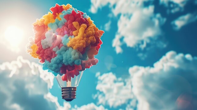 illustration of light bulbs floating in the sky in a whimsical dreamscape, with bright sunlight and detailed backgrounds, idea, education