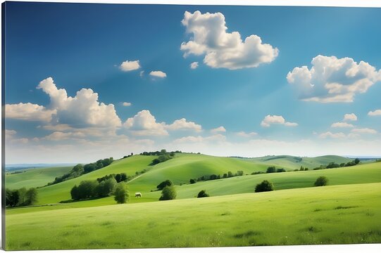 Beautiful countryside in Ukraine Europe Summertime nature photo of lush green pastures and clear blue sky Explore Earth s beauty Copy space image Place for adding text Generative AI