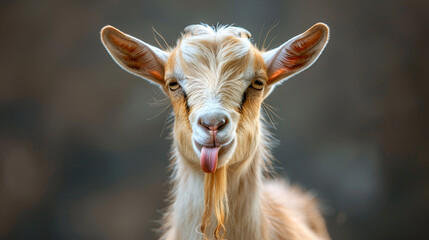 Portrait of a goat showing tongue, generative Ai