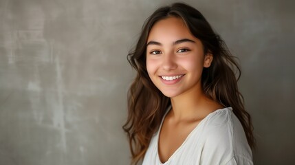 Craft a headshot portrait capturing the confidence and happiness of a beautiful Hispanic student girl indoors. 