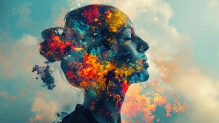 A digital image of a womans head with vibrant clouds and colorful flames, showcasing an artistic...