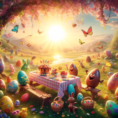 easter scene, fantastic magic forest with easter egg, butterfly and sunlight