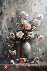 vertical rose flower vase painting, classic style, artwork for Wall art and decoration