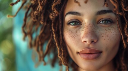 Beautiful dreadlocks haired with stylish short hairstyle.Woman with a curly hair. Beautiful young woman with freckles on face.  - Powered by Adobe