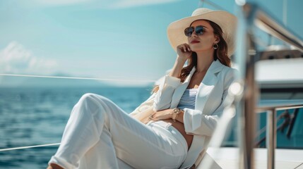 beautiful young woman in a summer suit and hat sitting on edge of yacht,relax,luxury travel concept
