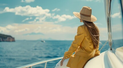 beautiful young woman in a summer suit and hat sitting on edge of yacht,relax,luxury travel concept