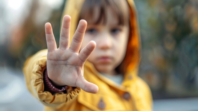 Crop close up of little girl child stretch hand show no gesture protest against domestic violence. 