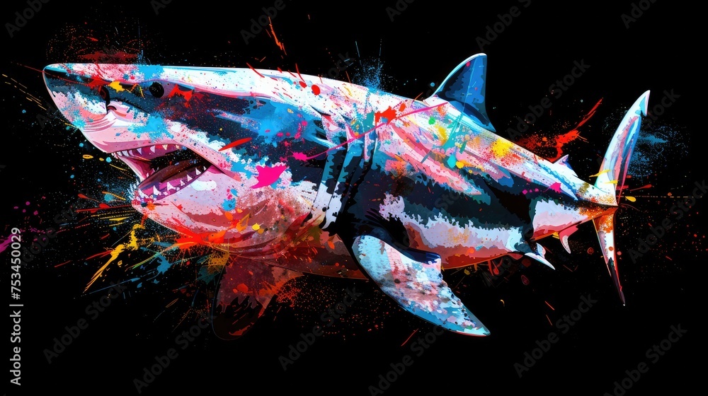 Wall mural aquatic animals shark that swim majestically in oceans and seas. painted with paint splash technique