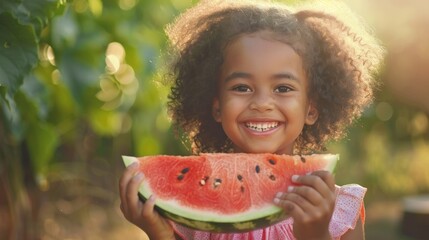 Child black girl happy with a slice of watermelon
