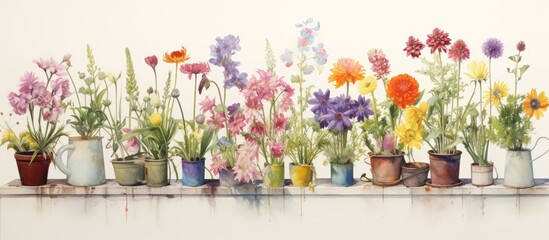 Pot flowers with various spring blooms depicted in watercolors