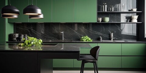 Contemporary kitchen with green furnishings, black countertop, and appliances.