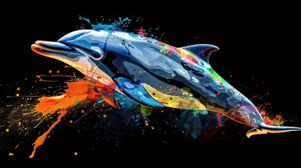 Aquatic animals dolphin that swim majestically in oceans and seas. Painted with paint splash technique. Isolated black background. Also for T-shirt printing pattern. Generative AI