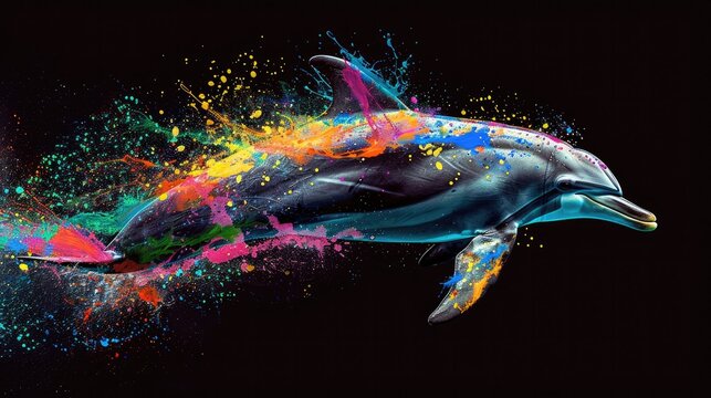 Aquatic animals dolphin that swim majestically in oceans and seas. Painted with paint splash technique. Isolated black background. Also for T-shirt printing pattern. Generative AI