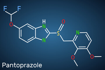 Pantoprazole molecule. It is proton pump inhibitor, gastric ulcer drug. Structural chemical formula on the dark blue background.