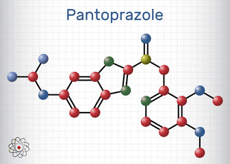 Pantoprazole molecule. It is proton pump inhibitor, gastric ulcer drug. Molecule model, Sheet of paper in a cage
