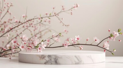 Round marble stone podium platform for product presentation and spring flowering pink blooming branch.