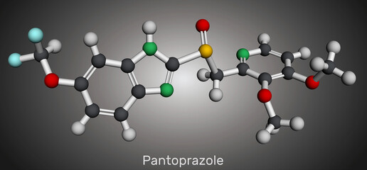 Pantoprazole molecule. It is proton pump inhibitor, gastric ulcer drug. Molecular model. 3D rendering - obrazy, fototapety, plakaty
