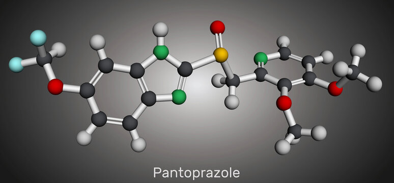 Pantoprazole molecule. It is proton pump inhibitor, gastric ulcer drug. Molecular model. 3D rendering